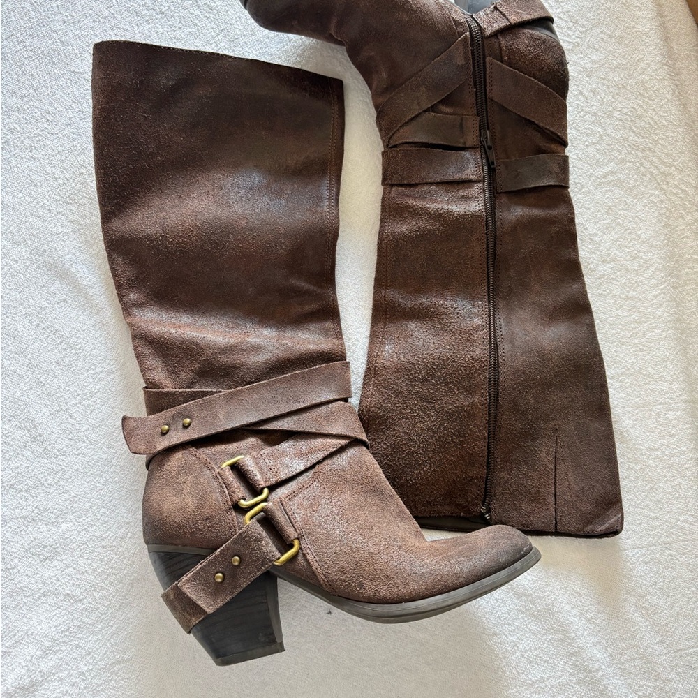 Fergie Brown Leather Knee-High Strappy Boots